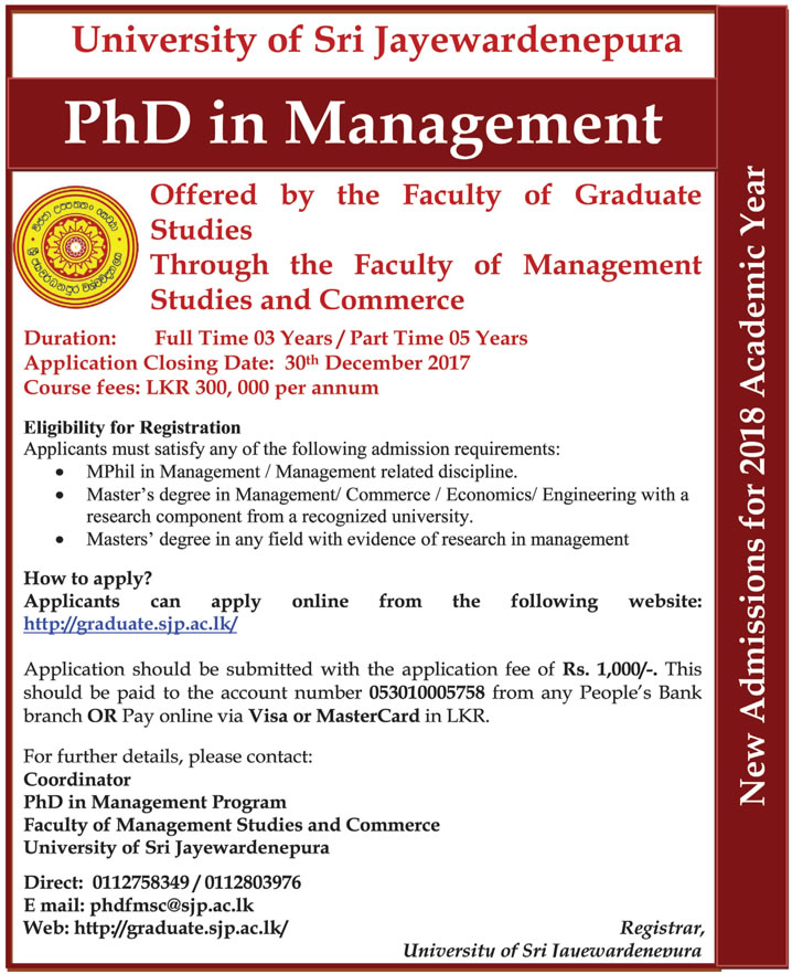 PhD in Management - University of Sri Jayewardenepura